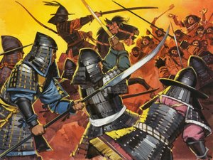 Guerreiros japoneses não identificados em combate de Angus McBride