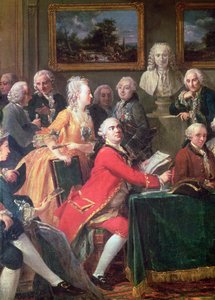 Um soirée na casa de Madame Geoffrin detalhe de Lekain e Mademoiselle Clairon, 1755 óleo sobre tela