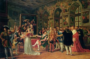 Francisco I (1494-1547) Recebendo uma pintura da Sagrada Família por Rafael