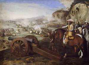 Capitão a cavalo a mandar disparar canhão durante a batalha, pintura de Aniello Falcone (1607-1656), óleo sobre tela, 94x131 cm