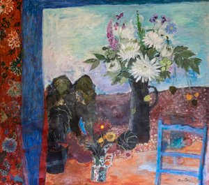 Natureza morta com flores e uma cadeira azul, 2019 (acrílico)
