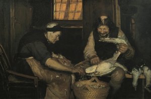 Casal de idosos depenando gaivotas. Lars Gaihede e a velha Lene de Anna Ancher