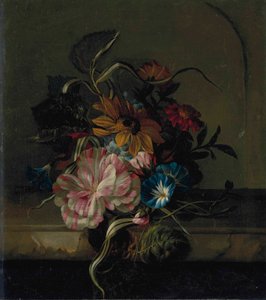 Girassol, trepadeira e tulipa bicolor de Anna Elisabeth Ruysch