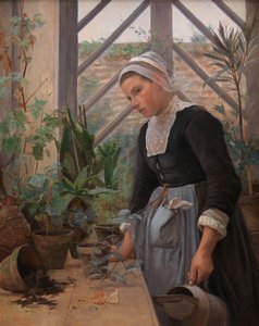 Breton Girl cuidando de plantas em Hothouse, 1884