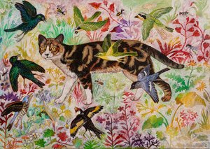 Tabby e os pássaros, 2019 (acrílico) de Anna Pugh