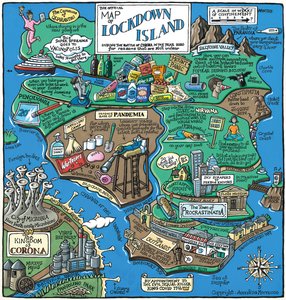 Mapa da ilha de Lockdown, 2020 (acrílico sobre papel) de Annalisa Morrocco