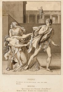 Fedra, tendo declarado sua paixão, tenta se matar com a espada de Hipólito de Anne-Louis Girodet de Roucy-Trioson