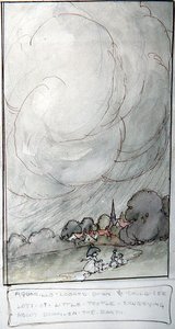 Aquarillo olhou para baixo e podia ver muitas pessoas pequenas correndo sobre a terra (caneta e tinta com aquarela sobre papel) de Anne Anderson