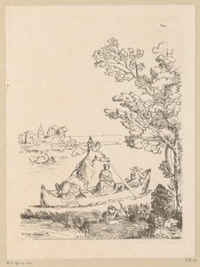 Paisagem do rio com um barco remado por uma mulher Cabinet du Roy (título da série no objeto) de Anne Claude Philippe Caylus