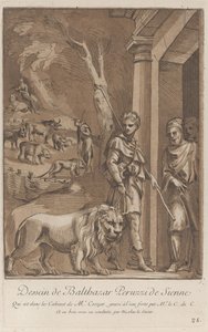 Um pastor segurando um leão na coleira em primeiro plano, no meio o sh..., ca. 1729-64 de Anne Claude Philippe de