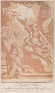 A Anunciação com a Virgem ajoelhada à esquerda e Gabriel aparecendo à direita, ca. ..., cerca de 1729. de Anne Claude Philippe de Caylus