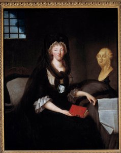 Retrato de Maria Antonieta (1755-1793) em grande luto na Prisão do Templo (ou Maria Antonieta no Concierge, em luto, com uma camiseta representando o golfinho, segurando um livro da vida de Maria, Rainha da Escócia, perto de um busto de Luís XVI e h de Anne Flore Millet de Brehan