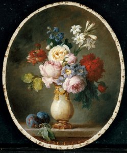 Um vaso de flores e duas ameixas em uma mesa de mármore, 1781
