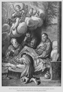 São Francisco de Assis, que sofre de doença, é curado pelo som de um instrumento celeste (litho) de Annibale (after) Carracci