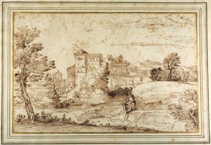 Paisagem com um castelo e as ruínas de um pórtico clássico (caneta e tinta castanha sobre papel) de Annibale (follower of) Carracci