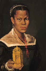 Retrato de uma senhora negra, à altura do busto, com um colar de coral e segurando na mão direita um relógio de mesa em ormolu (óleo sobre tela) de Annibale (studio of) Carracci