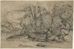 Paisagem com um sátiro tocando flauta, mulher e putto de Annibale Carracci (attributed to)