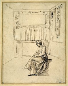 Uma mulher sentada numa sala (caneta e tinta castanha sobre papel) de Annibale Carracci