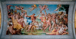 Bacchus (Dionysos, Bacco) em seu tanque retorna da Índia e encontra Ariane abandonado por Thesee Fresco por Annibale Carracci (Annibal Carrache) (1560-1609). 1597-1600 Roma, Palazzo Farnese