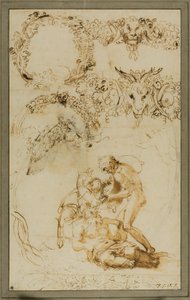 Silenus bêbado e esboços decorativos: Estudos para a Tazza Farnese (anverso); Dois Putti em luta: Estudo para a Galleria Farnese (verso) de Annibale Carracci