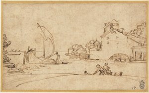 Paisagem com figuras por um estuário com barcos à vela de Annibale Carracci