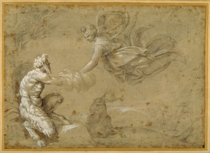 Panela apresentando a lã à Diana (caneta e tinta marrom com lavagem marrom) de Annibale Carracci