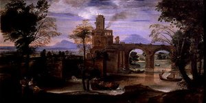 Paisagem Romana com Ponte (óleo sobre tela) (ver também 186430 & 186431) de Annibale Carracci