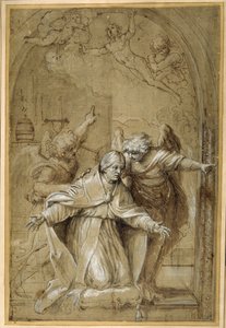 São Gregório atendido por anjos orando pelas almas no Purgatório (caneta e tinta marrom com lavagem marrom e altura) de Annibale Carracci