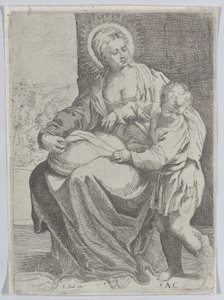 A Virgem sentada segurando uma almofada no colo com o jovem Cristo de pé à direita..., 1580-1600. de Annibale Carracci