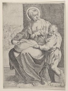 A Virgem sentada segurando uma almofada no colo com o jovem Cristo de pé à direita..., 1580-1600. de Annibale Carracci