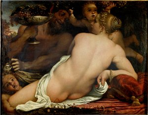 O bacante, Vênus, sátira e dois cupidos, detalhe (óleo sobre tela, ca. 1588)