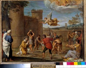 O apedrejamento de Santo Estêvão: Santo Estêvão (Stephane), foi o primeiro mártir cristão que morreu por apedrejamento em 36 AD. JC. Pintura de Annibale Carracci ou Annibal Carrache (1560-1609). Século XVI. Dim 0,42 x 0,54 m Paris,