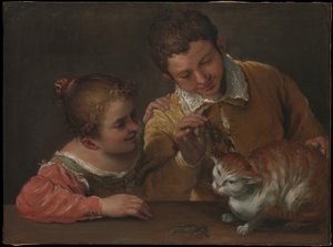 Dois filhos, arreliando, um, gato de Annibale Carracci