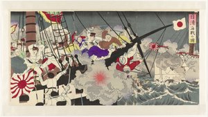 Representação da batalha naval durante a Guerra Sino-Japonesa Nisshin kaisen no zu (título no objeto) de Anonymous