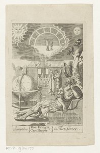 Ambrosius Theodosius Macrobius leunend op steen naast globe Ouro Theod. Macrobius Opera Cum Notis (título no objeto) Título da página: Ambrosius Theodosius Macrobius, Aur. Theodosius Macrobius V. Cl. & Obras Ilustres, 1694 de Anonymous