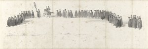 Funeral do falecido Rei Willem II em Delft em 4 de abril de 1849 (página 2) Cinco folhas contíguas do cortejo fúnebre de William II em 1849 (título da série) de Anonymous