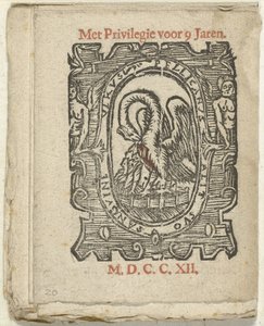 Página com a marca da editora, 1712
In welck Lidt de Maen is / waer u doot / bloet te laten ten zy grote noot; Als Peste / Pleures is / ende sulck quaet / oock niet sonder des Meestersraet (título sobre o objecto) de Anonymous