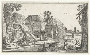 Fazenda e celeiro em palafitas em uma água Paisagens após Esaias van de Velde (título da série) de Anonymous
