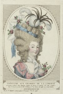 Penteados, pufes, chapéus e gorros: dois penteados pelo cabeleireiro Depain Penteados por Depain, ca. 1790: Coeffure com os encantos da liberdade de Anonymous