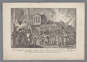 Os amotinados de Bruxelas mudam-se para Antuérpia, enquanto S.E. o Luit Generl. Bn. Chassé bombardeou a cidade, em 28 de Outubro de 1830 (título sobre o objecto) de Anonymous