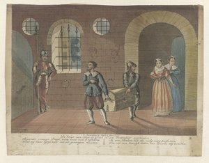 A arca do livro em que Hugo de Groot está escondido é levada para o barco a remos no Slot Loevestein, 1621
O Voo de Hugo de Groot escondido num Baú de Livros (título sobre o objecto) de Anonymous