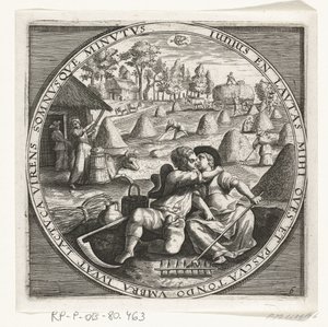 O mês de Junho, fazendo feno, c. 1600
Os doze meses do ano retratados em cenas da vida popular (título da série)
Schemata XII Mensium sius operationibus, & ad signa zodiaci applicatione, in quatuor anni partes divisa (título da série sobre o objecto) de Anonymous