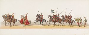 Delft procissão de 1873 (terceira placa) Procissão fantasiada realizada pelos membros do Delft Student Corps em 8 de julho de 1873, representando a entrada de Karel van Egmond, Duque de Gelre, Conde de Zutphen, em Arnhem em 1492 (série ti de Anonymous