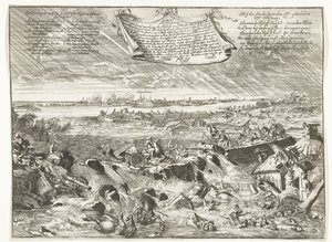 Dijkdoorbraak bij Coevorden, 1673
Ilustração de como e de que forma o, por ordem do Bispo de Münster (...) (título sobre o objecto) de Anonymous