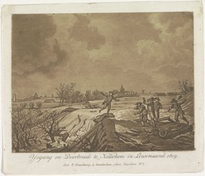 Rompimento do dique em Kedichem, 1809 Ysgang e Doorbraak te Kedichem em Louwmaand 1809 (título no objeto) de Anonymous