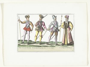 Três soldados espanhóis de uniforme e um comerciante, c. 1580 Trajes militares Espagnols (título no objeto) de Anonymous