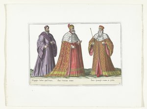 Três homens vestidos de acordo com a moda italiana, c. 1580
Fantasias Italiens (título sobre o objecto) de Anonymous