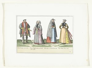Três mulheres e um homem vestido de acordo com a moda alemã, c. 1580
Fantasias Allemands (título sobre o objecto) de Anonymous