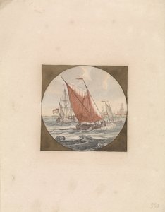 Três navios à vela no mar e uma cidade na costa
Navios no mar (série B) (título da série) de Anonymous