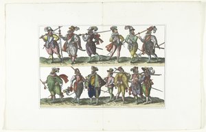 Placa dupla com treze civis armados em uniforme de acordo com a moda em Antuérpia, cerca de 1580 Bourgeois d